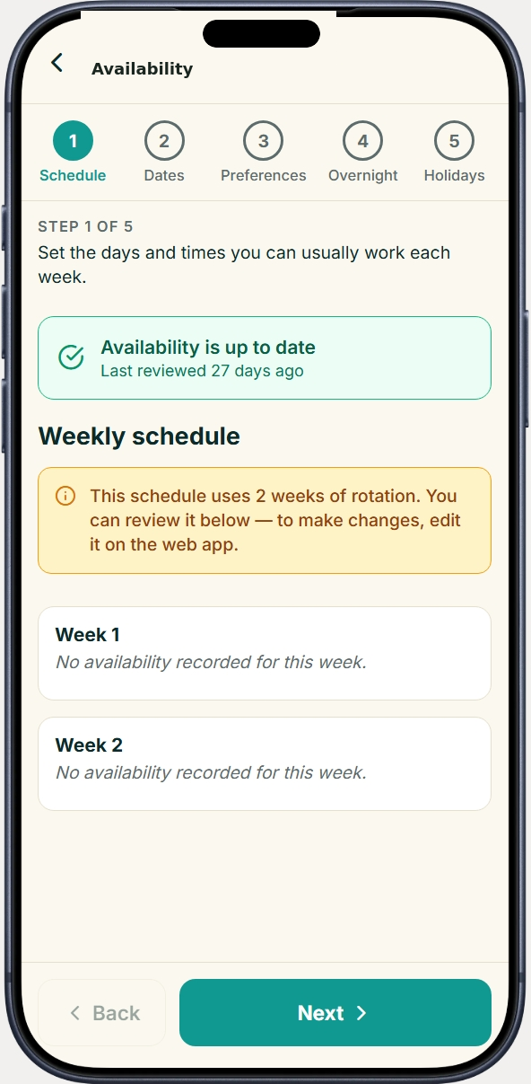 Suitecare mobile app availability screen — set weekly working schedule