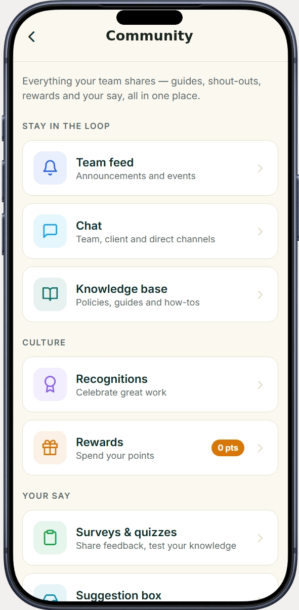 Suitecare mobile app community hub — team feed, chat, knowledge base, recognitions and rewards