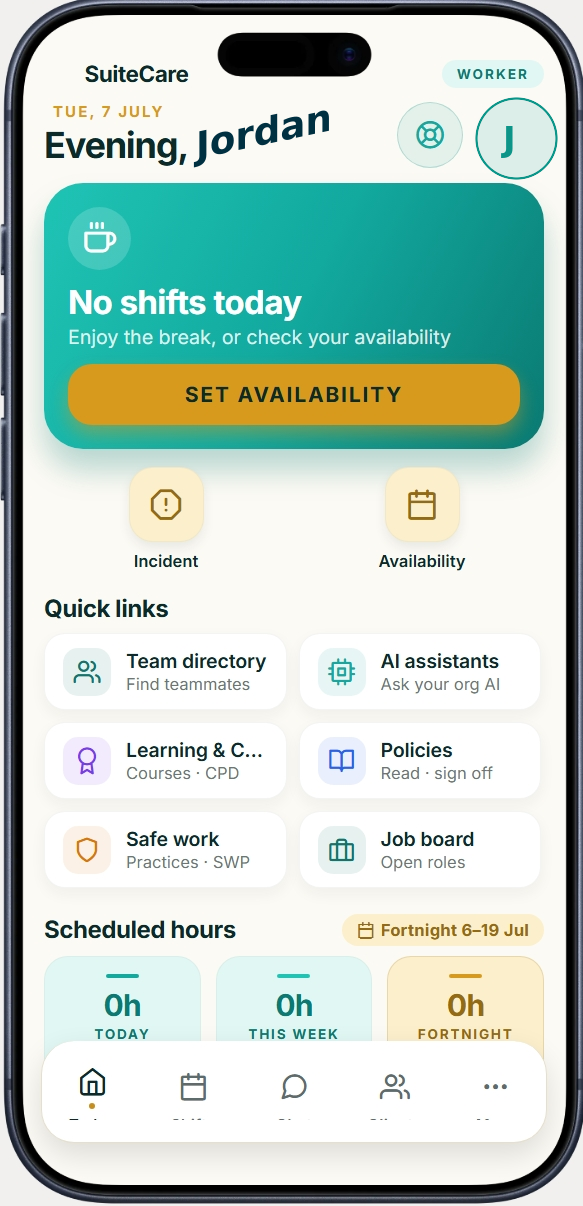 Suitecare mobile app home screen — today's shifts and quick links