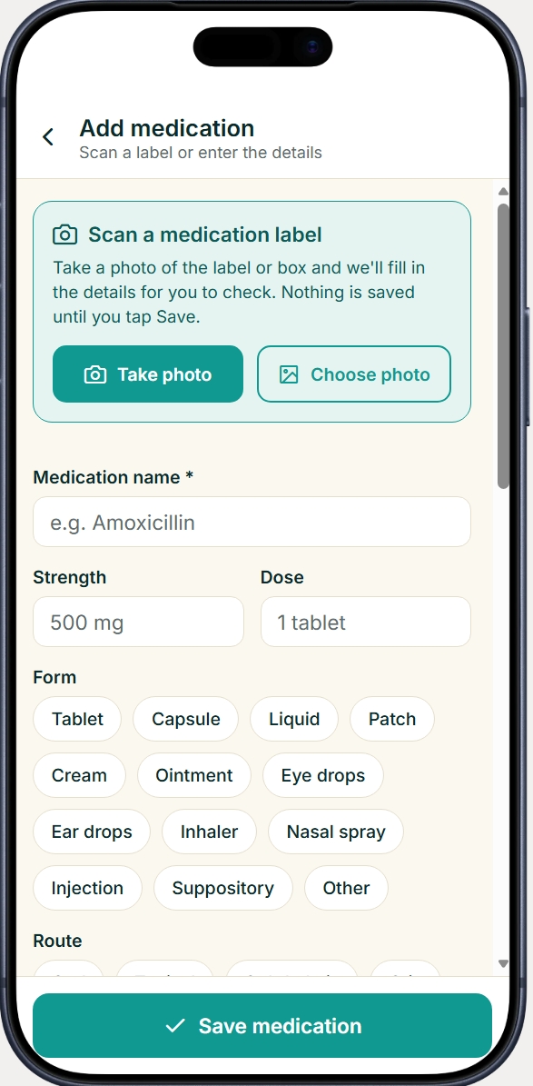 Suitecare mobile app add medication screen — scan a label or enter details