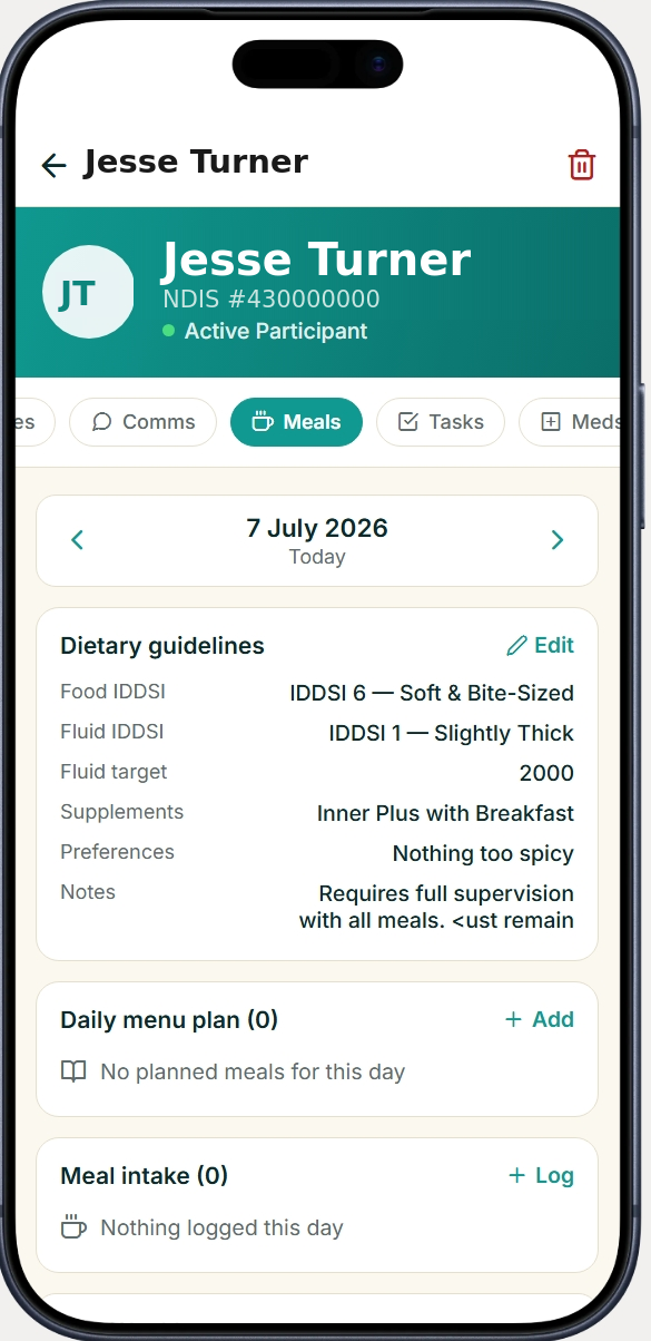 Suitecare mobile app participant meals screen — dietary guidelines and IDDSI levels