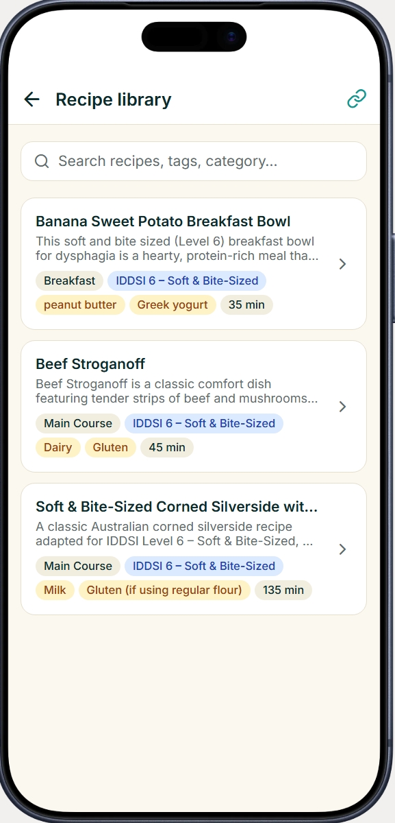 Suitecare mobile app recipe library — IDDSI-tagged texture-modified recipes