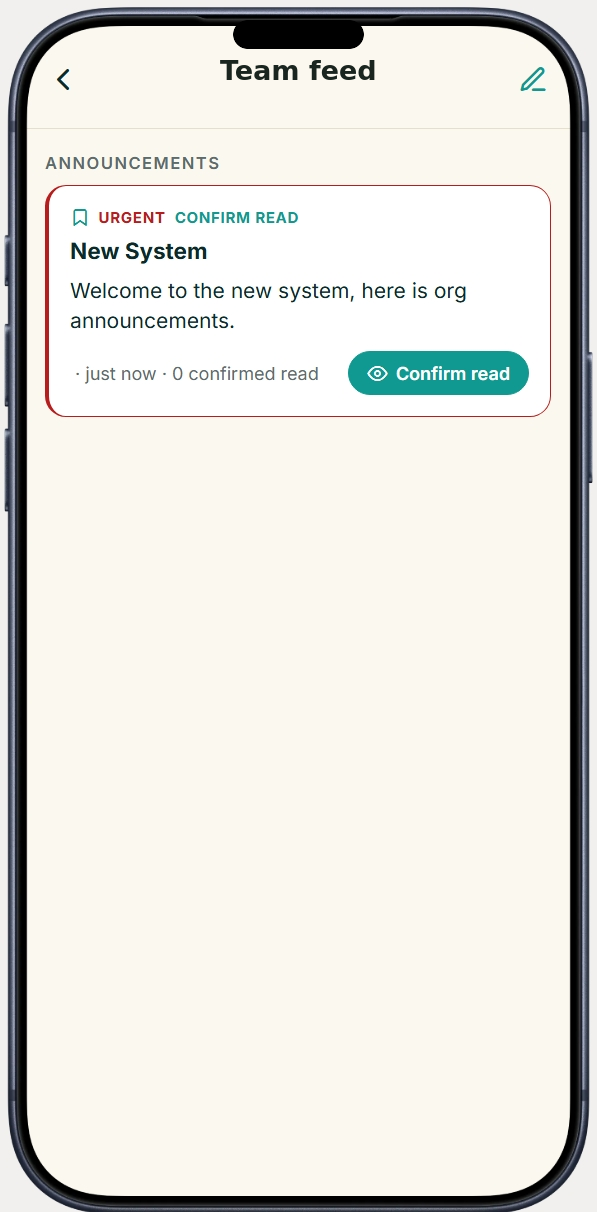 Suitecare mobile app team feed — org announcements with confirm-read
