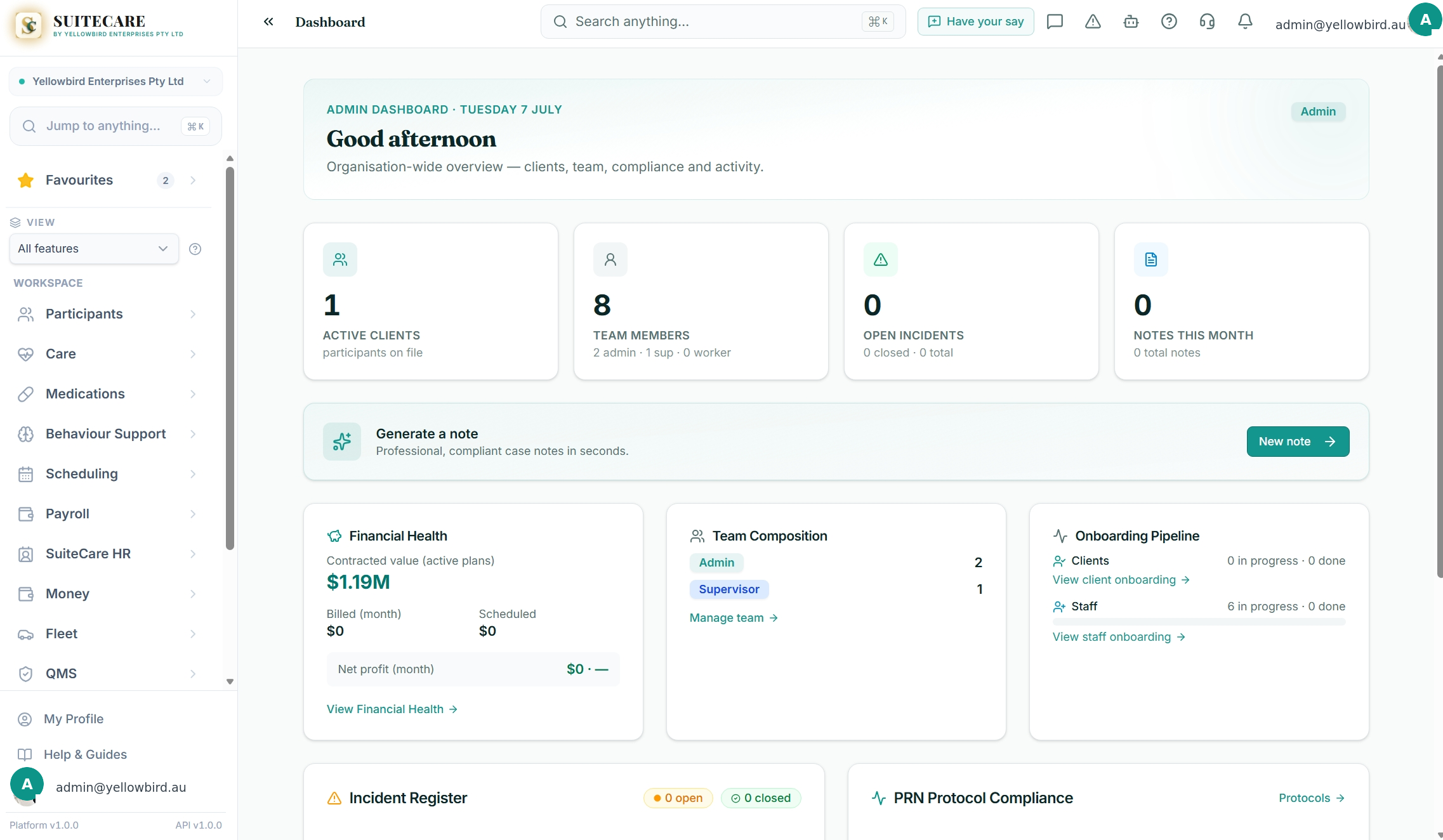 Suitecare web app — admin dashboard with full workspace navigation, clients, team and compliance