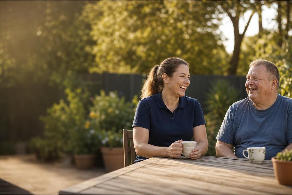 Support worker and client sharing a cup of tea in the garden